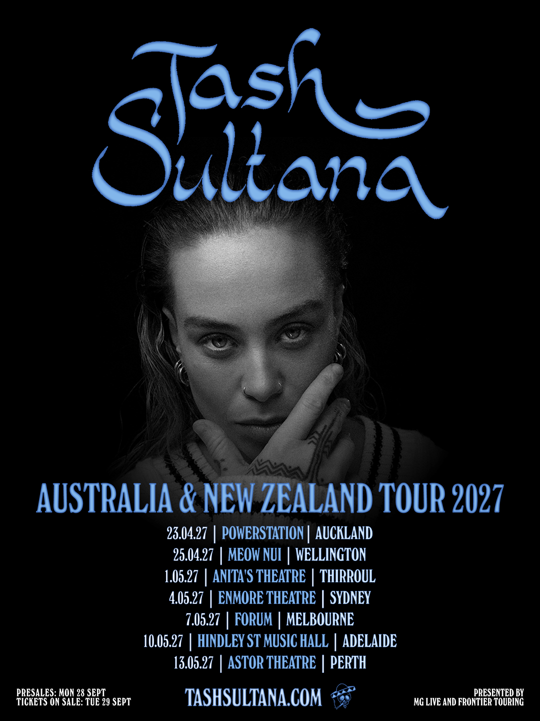 Tash Sultana Australia & New Zealand Tour 2027 poster featuring concert dates and venues in Auckland, Sydney, Melbourne, Perth, and Adelaide.